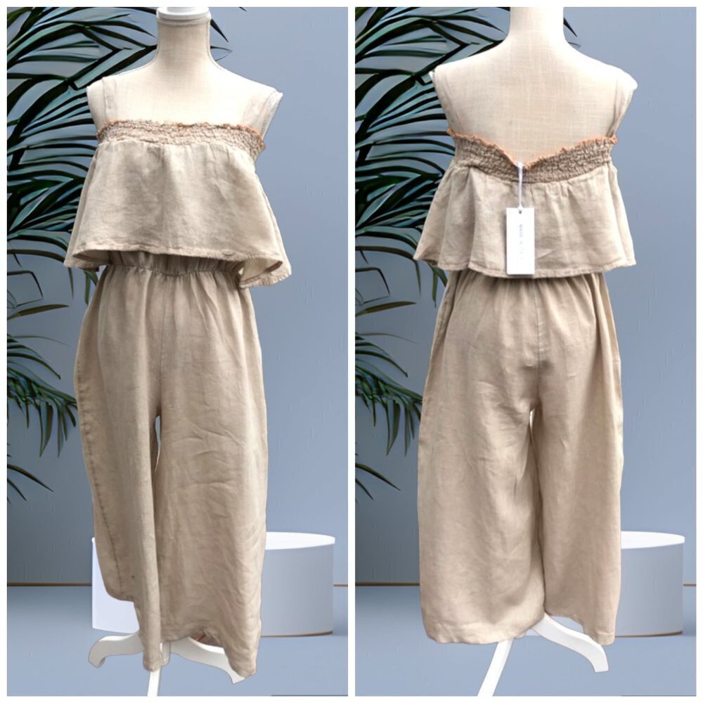 Vasna linen Minimalist jumpsuit Size L Jumper Elastic waist beachy Lagenlook